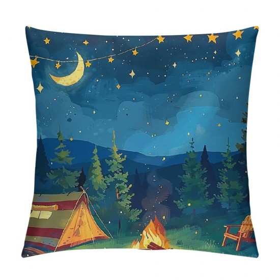 PHYHOO  Kids Camping Throw Pillow Covers,Blue Starry Sky Pillow Covers for Kids Boys Girls,Happy Camping Cushion Covers,Western Rustic Farmhouse Decorative Pillow Covers