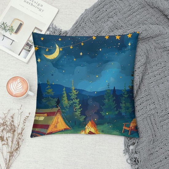 PHYHOO  Kids Camping Throw Pillow Covers,Blue Starry Sky Pillow Covers for Kids Boys Girls,Happy Camping Cushion Covers,Western Rustic Farmhouse Decorative Pillow Covers