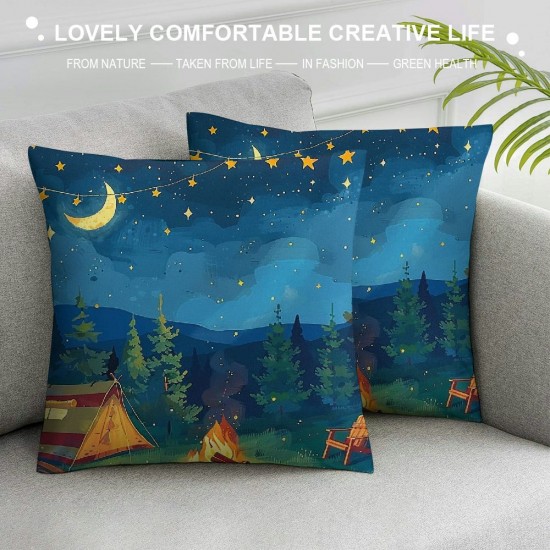 PHYHOO  Kids Camping Throw Pillow Covers,Blue Starry Sky Pillow Covers for Kids Boys Girls,Happy Camping Cushion Covers,Western Rustic Farmhouse Decorative Pillow Covers