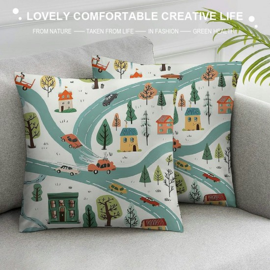 Cute Car Soft Pillow Covers,Cartoon Truck Throw Pillow Covers for Kids,City Landscape Road Cushion Covers, Car Excavator Decorative Pillow Covers for Chair,Colourful