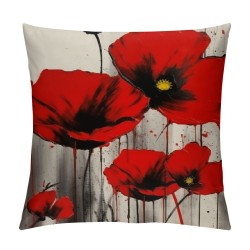 Poppy Flower Pillow Case,Vintage Red Poppy Flower Short Plush Cushion Cover Square Standard Home Ative for Men/Women 18x18 inch Black Red