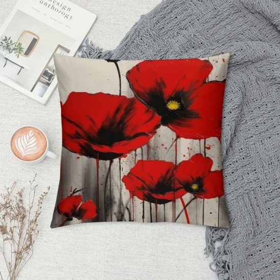 Poppy Flower Pillow Case,Vintage Red Poppy Flower Short Plush Cushion Cover Square Standard Home Ative for Men/Women 18x18 inch Black Red