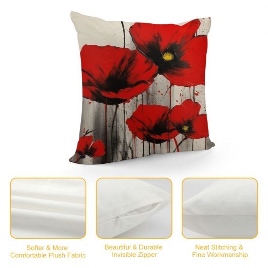 Poppy Flower Pillow Case,Vintage Red Poppy Flower Short Plush Cushion Cover Square Standard Home Ative for Men/Women 18x18 inch Black Red