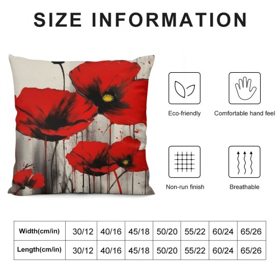 Poppy Flower Pillow Case,Vintage Red Poppy Flower Short Plush Cushion Cover Square Standard Home Ative for Men/Women 18x18 inch Black Red