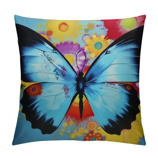 Cushion Cover Case Watercolor Blue Butterfly and Flower ,Decorative Throw Pillow Case for Sofa Couch Bed Chair