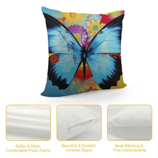 Cushion Cover Case Watercolor Blue Butterfly and Flower ,Decorative Throw Pillow Case for Sofa Couch Bed Chair