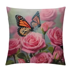 Flower Decor Butterfly Fliying on The Short Plush Square Throw Waist Pillow Case Decorative Cushion Cover Pillowcase Sofa