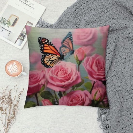 Flower Decor Butterfly Fliying on The Short Plush Square Throw Waist Pillow Case Decorative Cushion Cover Pillowcase Sofa