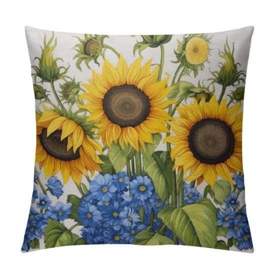 Farmhouse Floral Pillow Cover, Sunflower Pillow Cover,Yellow Sunflower with Green Leaves Yellow Decorative Summer Throw Pillow Covers,Outdoor Home Decor