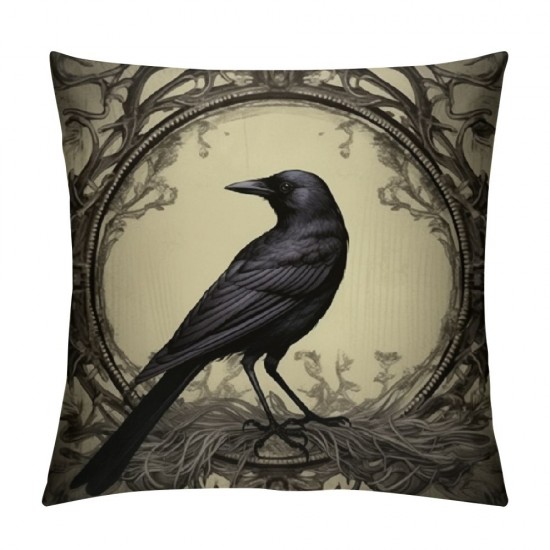 Modern Vintage Halloween Crow Pillow Cover ,Decorative Couch Pillow Cover for Sofa,Short Plush Cushion Case Indoor Outdoor Home Decoration