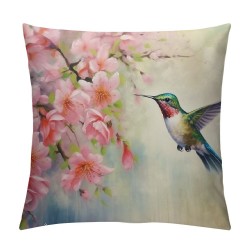 XINLUO Hummingbird Flowers Throw Pillow Case Watercolor Flower Spring Bright Green Pillow Covers Decorative Pillow Cover