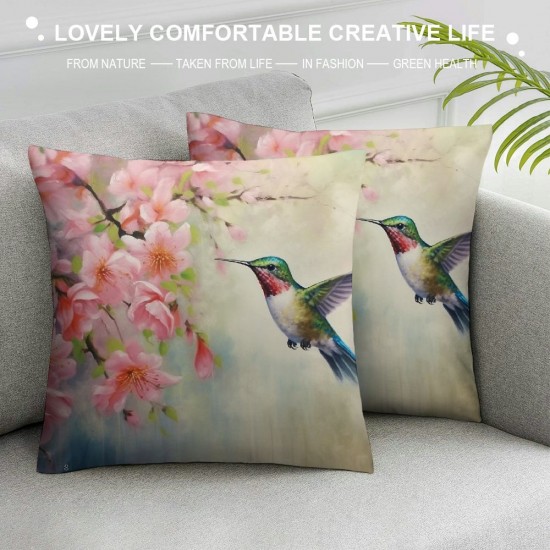 XINLUO Hummingbird Flowers Throw Pillow Case Watercolor Flower Spring Bright Green Pillow Covers Decorative Pillow Cover