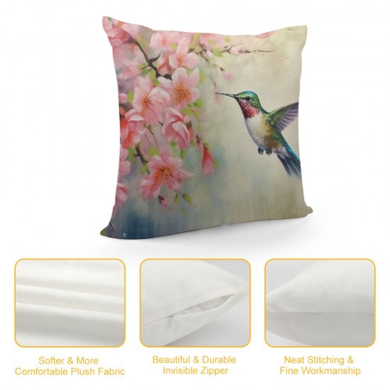 XINLUO Hummingbird Flowers Throw Pillow Case Watercolor Flower Spring Bright Green Pillow Covers Decorative Pillow Cover