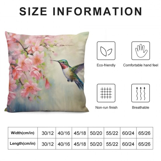 XINLUO Hummingbird Flowers Throw Pillow Case Watercolor Flower Spring Bright Green Pillow Covers Decorative Pillow Cover