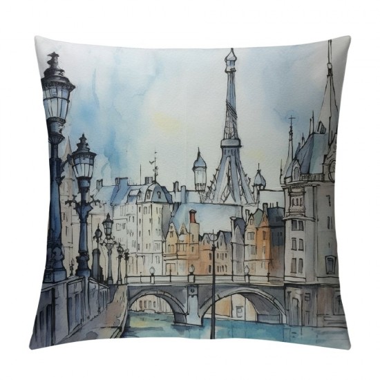 XINLUO Urban Throw Pillow Cushion Cover, Cityscape Paris and Eiffel Tower Illustration Old Buildings Pattern Design, Decorative Square Accent Pillow Case