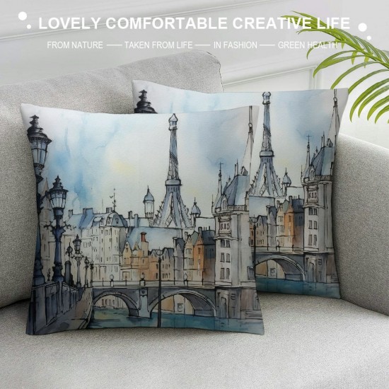 XINLUO Urban Throw Pillow Cushion Cover, Cityscape Paris and Eiffel Tower Illustration Old Buildings Pattern Design, Decorative Square Accent Pillow Case