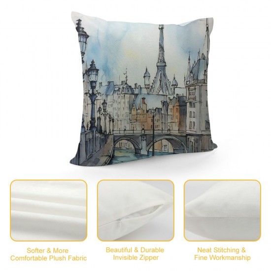 XINLUO Urban Throw Pillow Cushion Cover, Cityscape Paris and Eiffel Tower Illustration Old Buildings Pattern Design, Decorative Square Accent Pillow Case