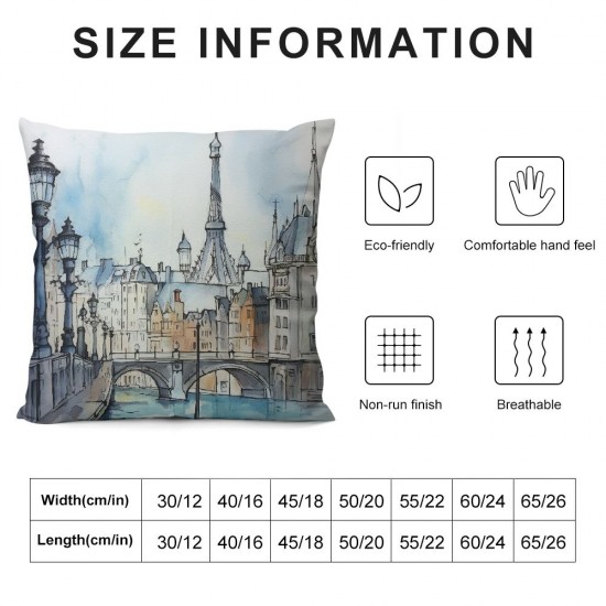 XINLUO Urban Throw Pillow Cushion Cover, Cityscape Paris and Eiffel Tower Illustration Old Buildings Pattern Design, Decorative Square Accent Pillow Case